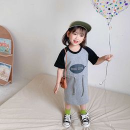 Summer cute girls patchwork print short sleeve loose hoodies dress 1-6 years children clothes cotton casual princess 210615