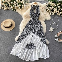 Summer Halter Irregular Spaghetti Strap Long Dress Women Sexy Vacation Beach Printed Ruffle Robe Female Casual Vestidos 2021 New Y0603