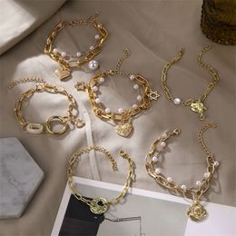 Vintage Pearl Bracelet For Women Korean Female Flower Pearl Bangles Bracelet Charms Fashion Couple Jewellery
