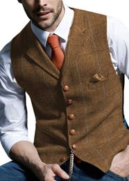 Men's Vests Brown Casual Gentleman Army Green Vest Plaid Soft Wool Jacket Tweed Business Waistcoat For Man Wedding Party