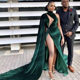 Dark Green Arabic Aso Ebi Plus Size Mermaid Evening Dresses High Split Prom Dresses Velvet Formal Dress Party Gowns Evening Wear Robes