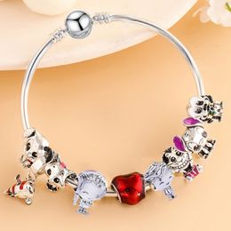 Top Quality Silver Red Enamel Heartl Charm Beads Bangle Snake Chain Cat Dog Fits European Pandora Charms Bracelets Safety Chain Jewelry DIY Women