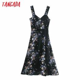 Tangada Spring Fashion Women Flowers Print Midi Dress Sleeveless Ladies Party Midi Dress 3D15 210609