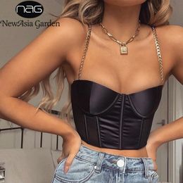 NewAsia Sexy Bustier Crop Top Women Clothing Summer Fashion Chain Strap Padded Satin Cropped Black Festival Top Chic Streetwear 210308