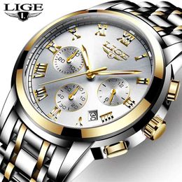 LIGE Men Watches Top Luxury Brand Full Steel Waterproof Sport Quartz Watch Men Fashion Date Clock Chronograph Relogio Masculino 210804
