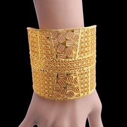 Wide Bridal Hand Bangle Hollow Flower Design Open Cuff Bracelet Arabic Luxury Woman Jewelry Moroccan Jewellry
