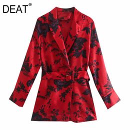 [DEAT] Women Red Casual Printing Long Sleeve Sashes High Waist Turn-down Collar Miini Dress Autumn Spring 13C211 210527