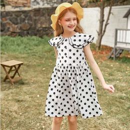 Vintage Princess Dress For 3-14 Years Girls Dot Print Ruffles Turn Down Collar Mid Length Gowns Children Kids Party Dresses Q0716