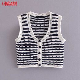 Tangada Women Striped Pattern Cropped Tanks Top Sleeveless Backless Female Hollow Out Knit Tops SW41 210609