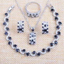 Women's Necklace and Earrings Jewellery Set Bracelet for Women Silver Colour With Pendant Black Zirconia Rings 2020 New H1022
