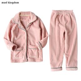 Mudkingdom Little Girl Boy Winter Plush Solid Color Flannel Pajamas Set Home Wear Fashion Long Sleeved Pants Sleepwear 210615