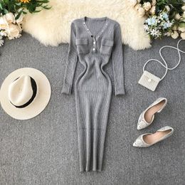 Autumn Winter Women Knitted Dress Button V Neck Long Sleeve Sexy Sheath Dress Korean Casual Fashion Sweater Dress Y0118