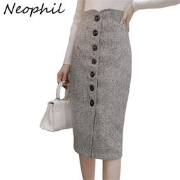 Neophil High Waist Woollen Button Pencil Midi Skirts Office Ladies Office Elegant Grey Winter Wool Wrap Skirts Faldas S1738 210310