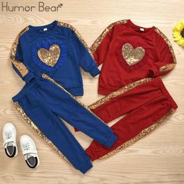 Humor Bear FashionNew Autumn Children Baby Girls Clothing Sets Long Sleeve Love Sequin T-shirt+Pants 2PCS Cotton Kids Clothes X0902