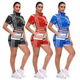 Women's Tracksuits Cashew Flowers Print Two Piece Set Women Stand Collar High Waist Shorts Casual Outfits For Matching Sets