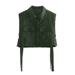 TRAF Women Green Pocekts Quilting Cropped Vests Fashion Side Buttons Tie Turn-down Collar Waistcoat Streetwear 211123
