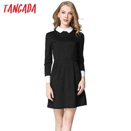 Tangada winter School dresses fashion women office black dress with white collar Casual Slim vintage brand vestidos 210609