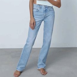ZA women boyfriend stretch straight Jeans Washed full length Mid waist denim pants pocket blue versatile Trousers Ladies 210809