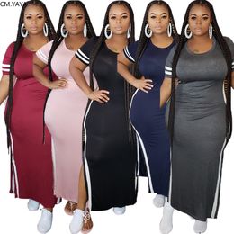 Plus Size XL-5XL Summer Long Maxi Dress Women Striped Open Fork O-Neck Night Club Party Bandage Street Dresses Vestidos GL1148 210302