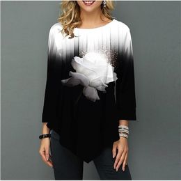 Shirt Blouse Women Spring Summer Printing 3/4 sleeve Casual Hem Irregularity Female fashion shirt Tops Plus Size 210719