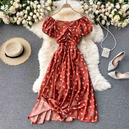 Spring Summer Fashion A-line Dress Women Slash Neck Short Sleeve Slim Holiday Print Clothes Vintage Vestidos Q745 210527