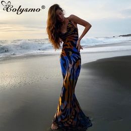 Colysmo Print Maxi Dress Women Sexy Low Cut Cowl Neck Back Lace Up Sexy Dresses Seaside Party Club Wear Long Dress New 210316