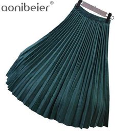 65cm / 75cm 85cm Faux Suede High Waist Women Skirts Autumn Winter Fashion Pleated Skirt Elastic Casual 210604