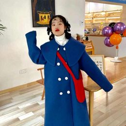 Women's Wool & Blends Heydress 2021 Winter Big Collar Sweet Blue Warm Woollen Coats Female Elegant Double Breasted Thick Outerwears Lady Kore