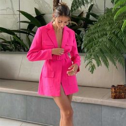 Spring Blazer DressTurn-down Collar Belt Coat Casual Women Pink Long Sleeve Pocket Jacket Single Suit Female Clothes 211006