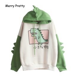 Merry Pretty Women Dinosaur Sweatshirts Hooded Warm Fleece Hoodies Pullovers With Horns Harajuku Hooded Girls Teens Green Hoodie 201102