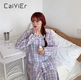 CAIIER Girls Purple Checked Pajamas Set Sleepwear For Women Long Sleeve Trousers Loose Korean Version Homewear Suit 210622