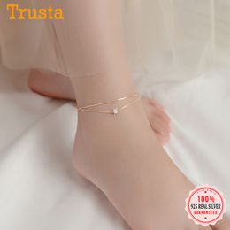 TrustDavis Fashion Genuine 925 Sterling Silver Sweet Heart Square CZ Chain Anklets For Women Best Friend Jewelry Gift DB1300