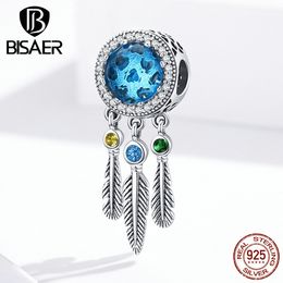 Dreamcatcher BISAER 925 Sterling Silver Dream catcher Beads Blue Zircon Feathers Charms fit Bracelets Jewelry ECC1384 Q0531