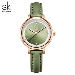 Shengke Summer Green Women Watches Slim Leather Strap Mini Dial Japanese Quartz Movement Elegant Relogio Feminino Gift Watch 210720