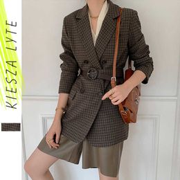 Elegant women tweed blazer autumn winter vintage plaid Cheque brown suit office ladies jacket coat female 210608