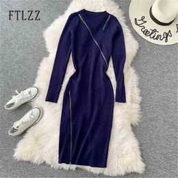 Fashion women knitted bodycon dress spring autumn long sleeved o-neck zipper sweater robe ladies casual mini party dresses 210525