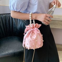 Pearl Beaded Handbag For Women Bow Drawstring Design Bucket Bag Pleated Silk Casual Chain Shoulder Bag Dinner Clutch Bag