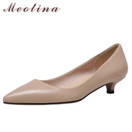 Meotina Pointed Toe Med Heels Natural Genuine Leather Women Shoes Stiletto Heel Pumps Office Ladies Footwear Spring Yellow Pink 210608