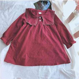 Girls Princess Dress Spring Autumn Long Sleeve Solid Colour Printed Korea Style Lapel Collar Toddler Kid Clothes 210528