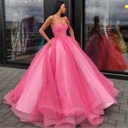 Puffy Pink Ball Gown Evening Dresses 2021 Sweetheart Strapless Long Tulle Prom Party Gowns Sleeveless Sexy Backless Engagement Dress