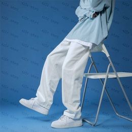 Straight Jeans men White Loose Denim Trousers neutral Streetwear Casual Solid Color wide jeans man women pants street style 211206