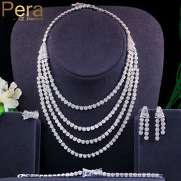 Pera 4Pcs Bridal Wedding Party CZ Crystal Gorgeous Multilayers Choker Necklace Earring Bracelet Ring Jewelry Sets for Women J408 H1022