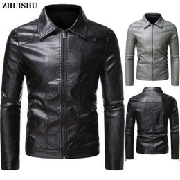Men'S Motorcycle Slim Side Zipper Lapel Business Simple Leather Jacket Fashion Male Coats Solid Color Waterproof Clothes 211009
