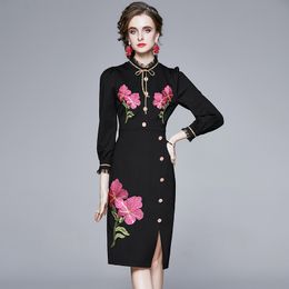 Elegant Designer Women Mesh Ruffled Embroidery Dresses Black Sexy Office Business Cocktail Party Bodycon Pencil Dress Vestidos 210525