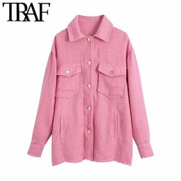 TRAF Women Fashion With Pockets Oversized Tweed Jacket Coat Vintage Long Sleeve Frayed Female Outerwear Chic Overshirts 211014