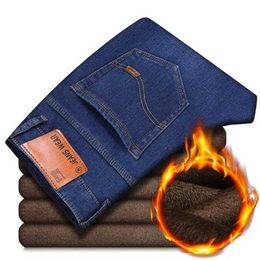 Autumn Winter Men'S Plus Fleece Warm Jeans Business Casual Loose Straight Stretch Denim Trousers Brand Male Fit Pants 211120