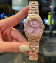 classic Top Women Silver Pink Quartz Wristwatch Stainless Steel Geometric Diamond watches Ladies Number Date Clock 33mm