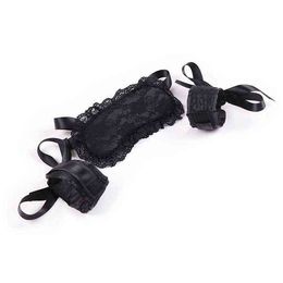Nxy Adult Toys Sex Products Black Lace Satin Handcuffs Bracelet Eye Mask Binding Adjustment 220307