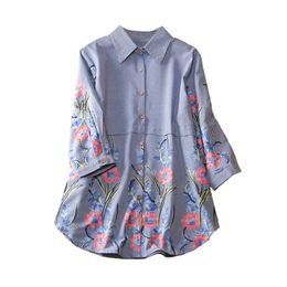 Summer Shirts Women Cotton Wild Embroidery Causal Ladies Blouses and Tops Three-Quarter Sleeve Clothing 210615