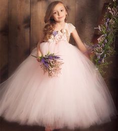 Baby Girls Pink Vintage Flower Tutu Dress Kids Tulle Dress Ball Gown with Lace Shoulder Children Christmas Party Costume Dresses 210303